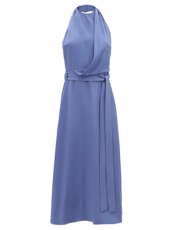 RAEY Blue Halterneck Draped-Front Wraparound Silk Dress - House Of Huntington