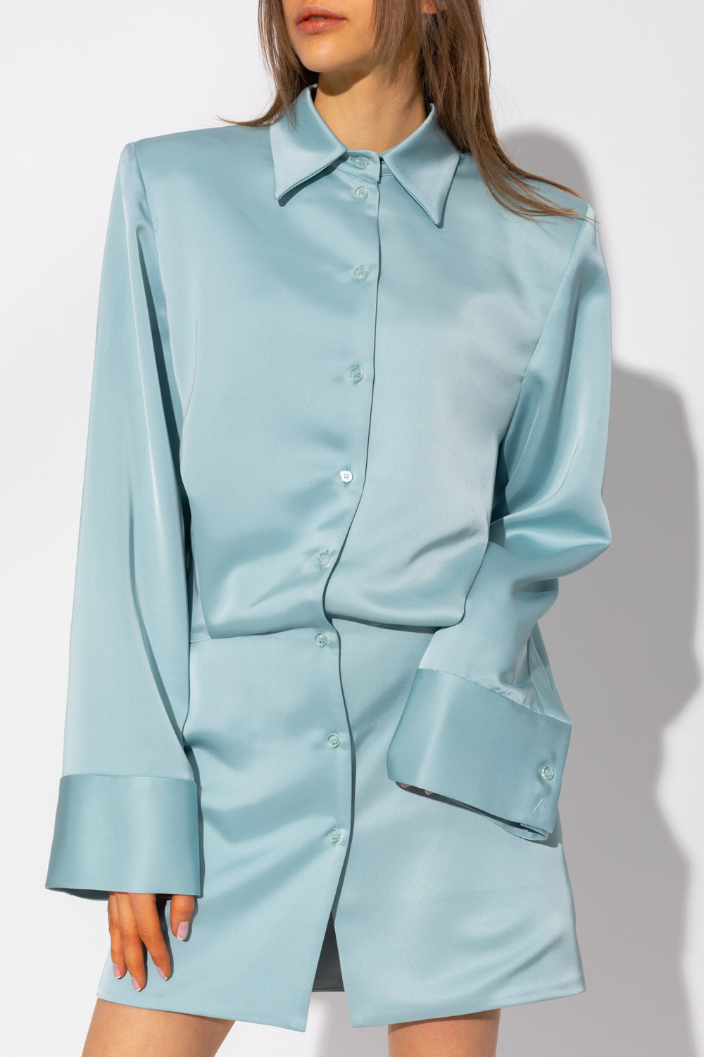 satin shirt mini dress Chocolate Satin Shirt Flare Sleeve Mini Dress