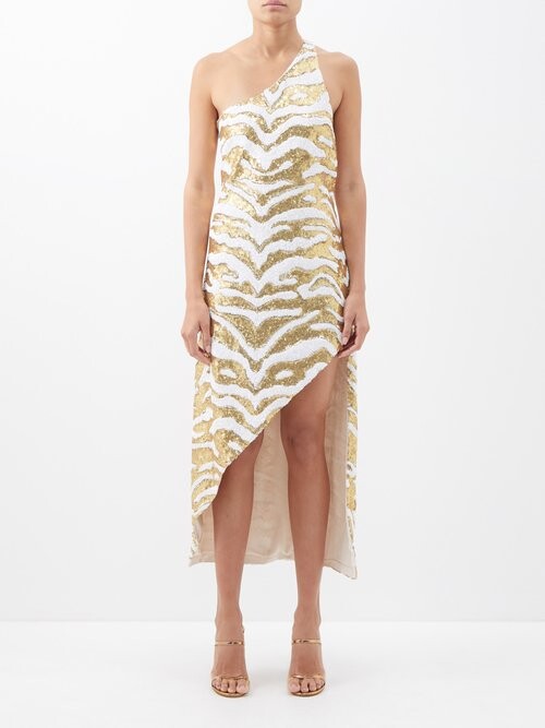 gold 70s dress Halpern Tiger Gold White Full Sequinned One Shoulder 70s Disco Party M – House Of Huntington