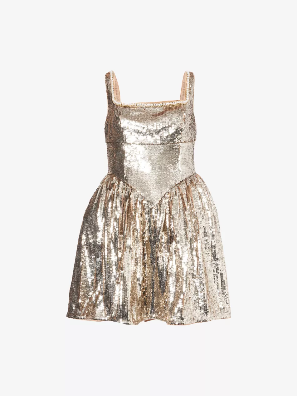 self portrait gold dress Self-Portrait x Disney Gold Sequin Pearl Detail Mini Dress – House Of  Huntington
