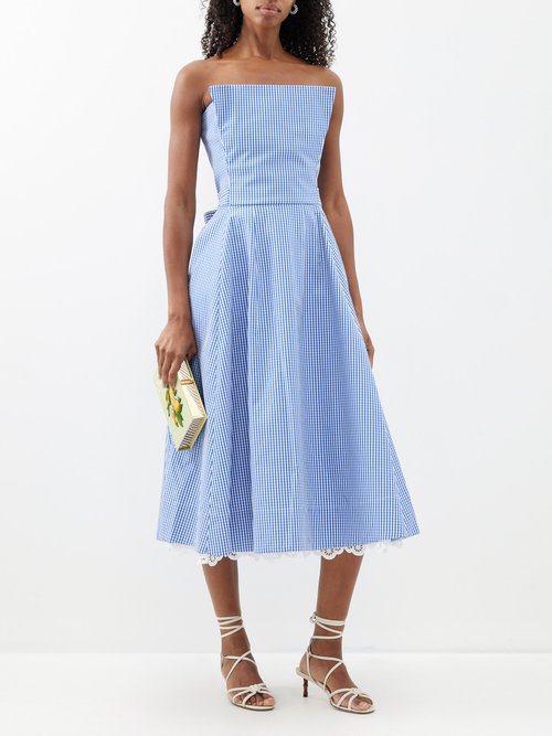 strapless gingham midi dress Bernadette Odette Strapless Gingham Taffeta Midi Dress