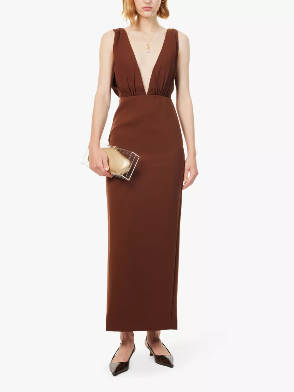 Reformation x Laura Harrier Velda Plunge Neck Brown Dress, UK 10 / Medium / Brown Reformation x Laura Harrier Velda Plunge Neck Brown Dress, UK 10 / Medium / Brown