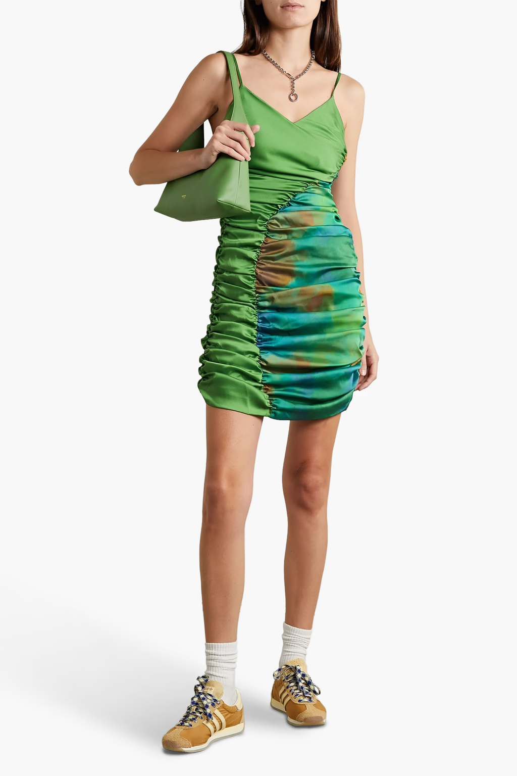 AHLUWALIA Jade Gathered Satin Sweetheart Neck Ruched Mini Dress - House Of Huntington