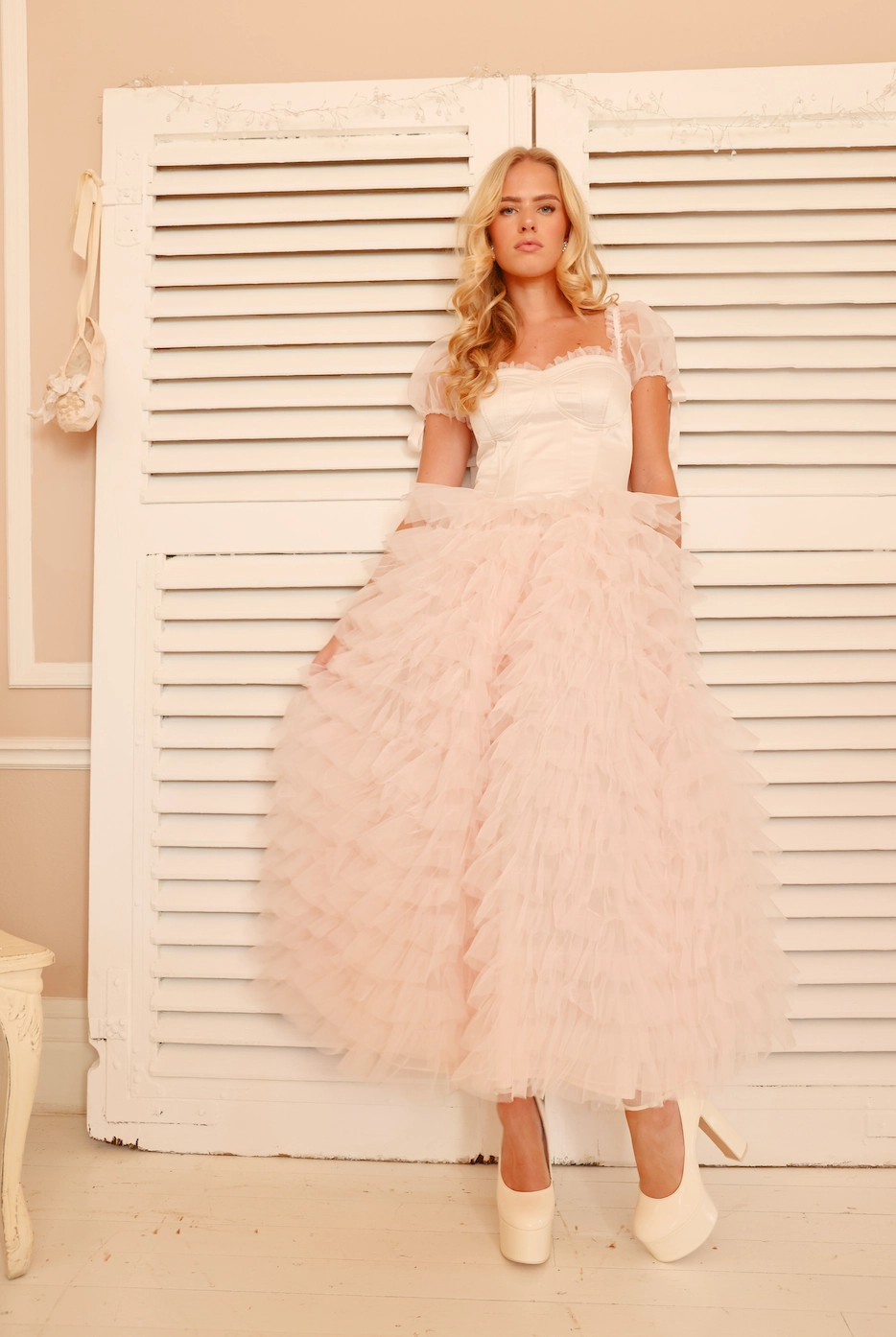 Amy Jane London Pink Kitty Fairytale Satin Corset Bodice Tiered Tulle Hem Maxi Gown Dress - House Of Huntington
