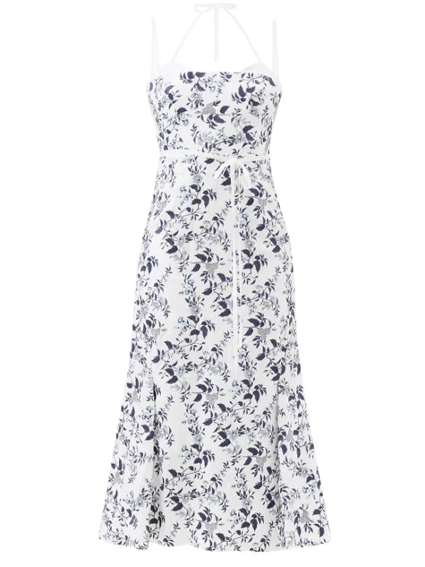 ERDEM Floral Linen Embroidered Blue White Strappy Otto Midi Dress - House Of Huntington