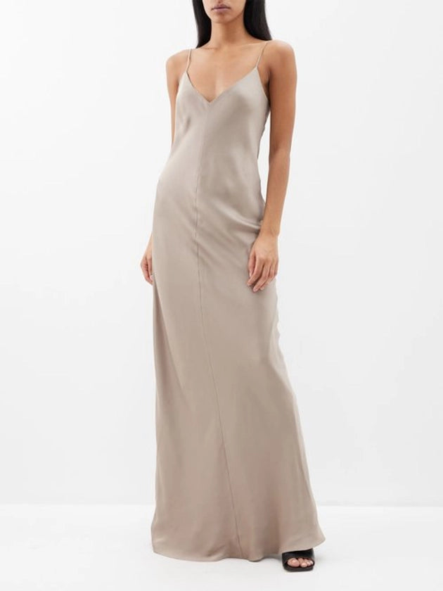 raey silk dress RAEY V-Neck Silk-Satin Beige Grey Maxi Dress