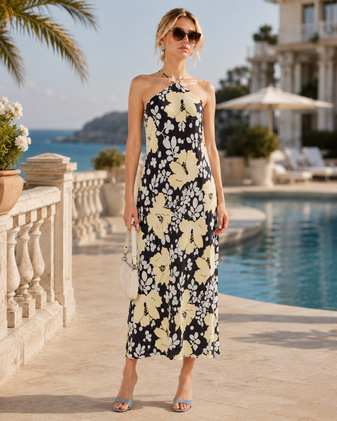 A woman models a halter-neck midi dress with a black background and a large yellow and white floral print, standing next to a swimming pool with a beach and villa in the background.