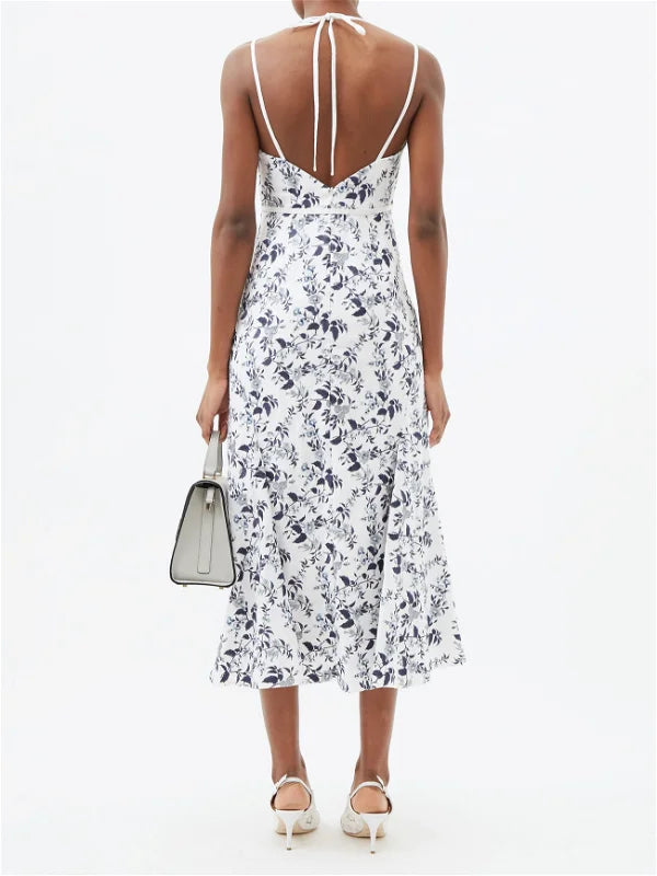 ERDEM Floral Linen Embroidered Blue White Strappy Otto Midi Dress - House Of Huntington