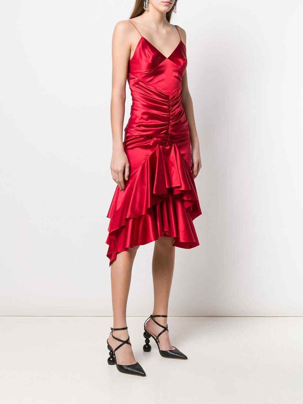 Alexandre Vauthier Ruby Red Ruched Strappy Silk Satin Dress - House Of Huntington