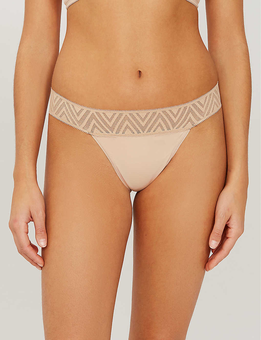 THINX Mid Rise Lace And Stretch Jersey Period Thong In Beige - House Of Huntington