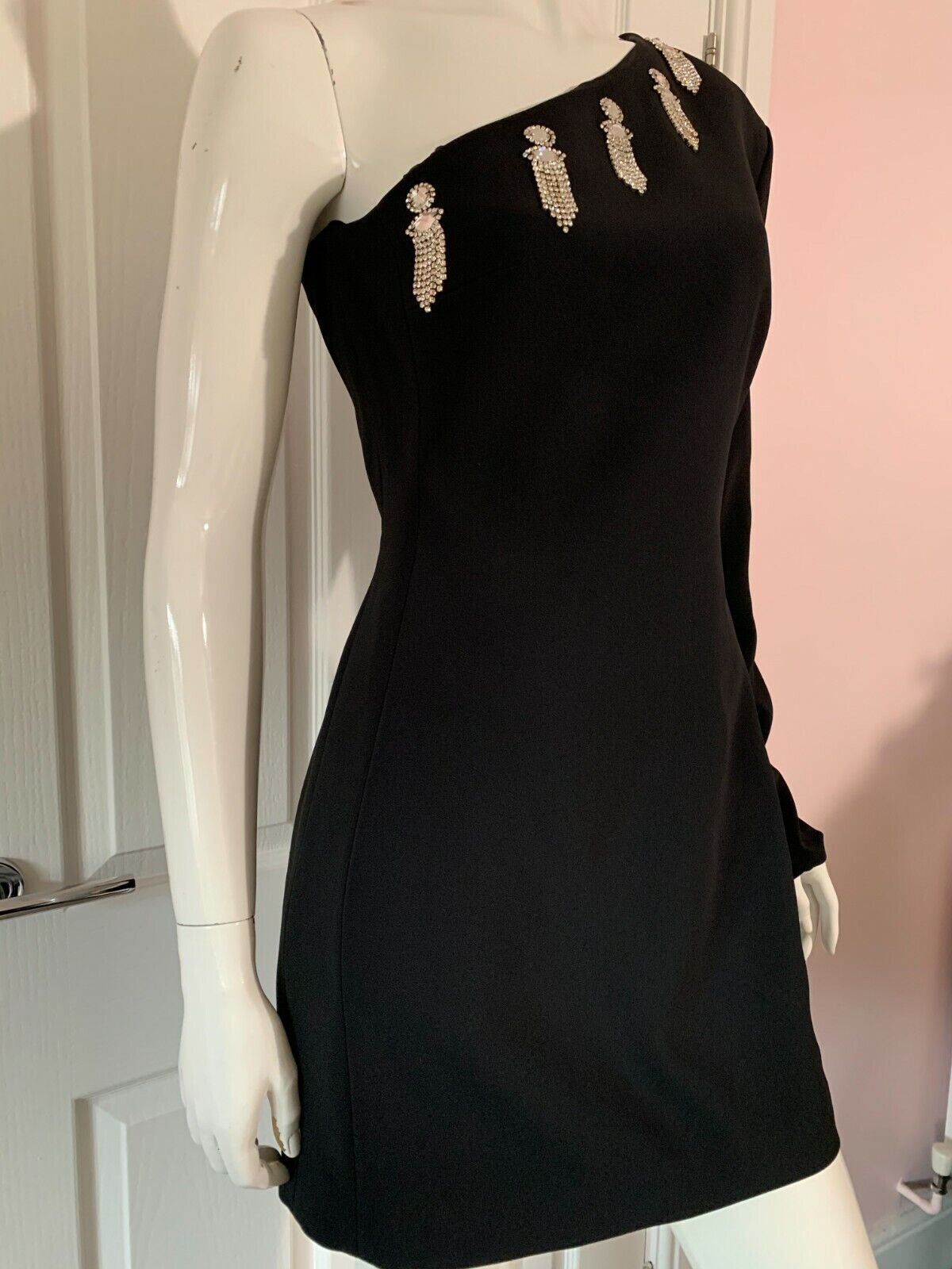 DAVID KOMA Black Dangly Crystal Embellished One Shoulder Dress - House Of Huntington