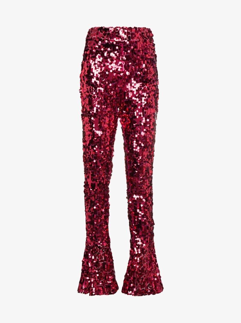 HALPERN Sequin Dark Pink High Waisted Flared Pants Trousers - House Of Huntington
