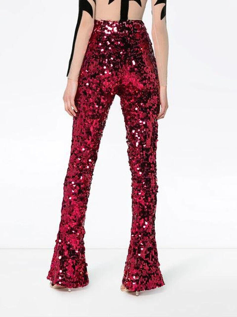 HALPERN Sequin Dark Pink High Waisted Flared Pants Trousers - House Of Huntington
