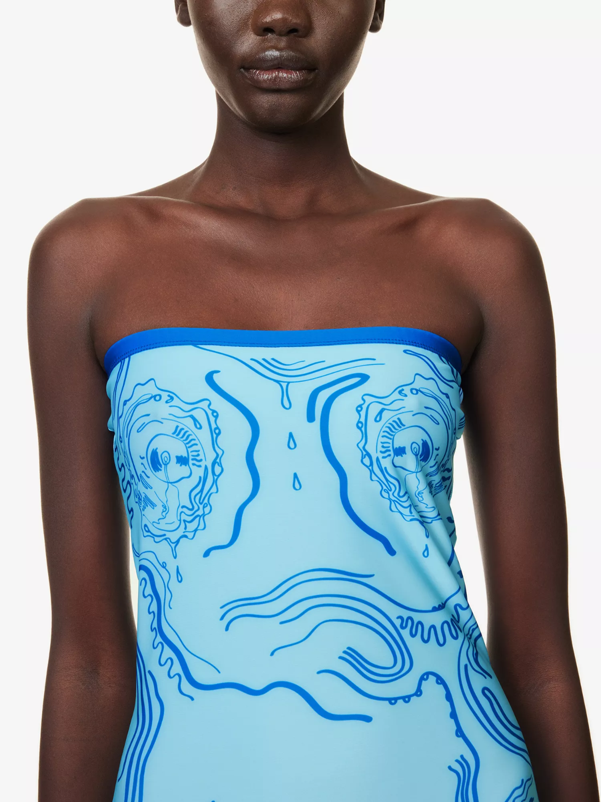 DI PETSA Venus Graphic Print Stretch Blue Tube Greek Goddess Midi Dress - House Of Huntington