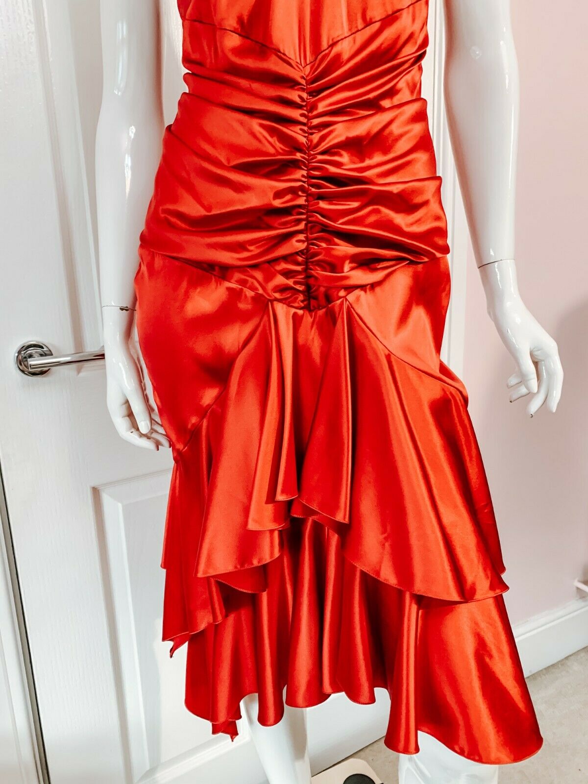 Alexandre Vauthier Ruby Red Ruched Strappy Silk Satin Dress - House Of Huntington