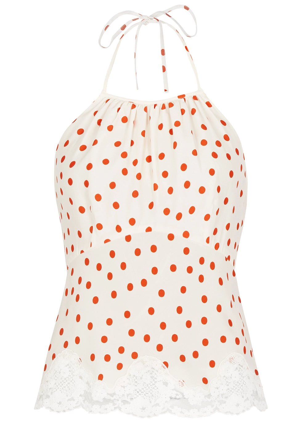 Rixo London Vienna White Open Back Halterneck Lace Trim Red Spotted Top - House Of Huntington