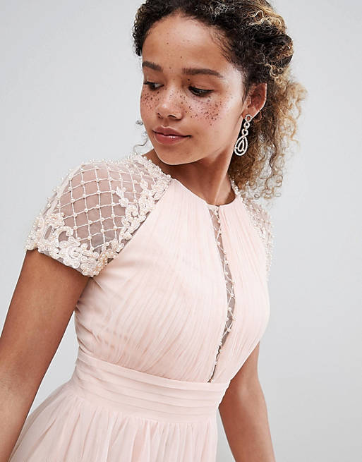 LITTLE MISTRESS Pearl Pink Embellished Bodice Maxi Dress - House Of Huntington