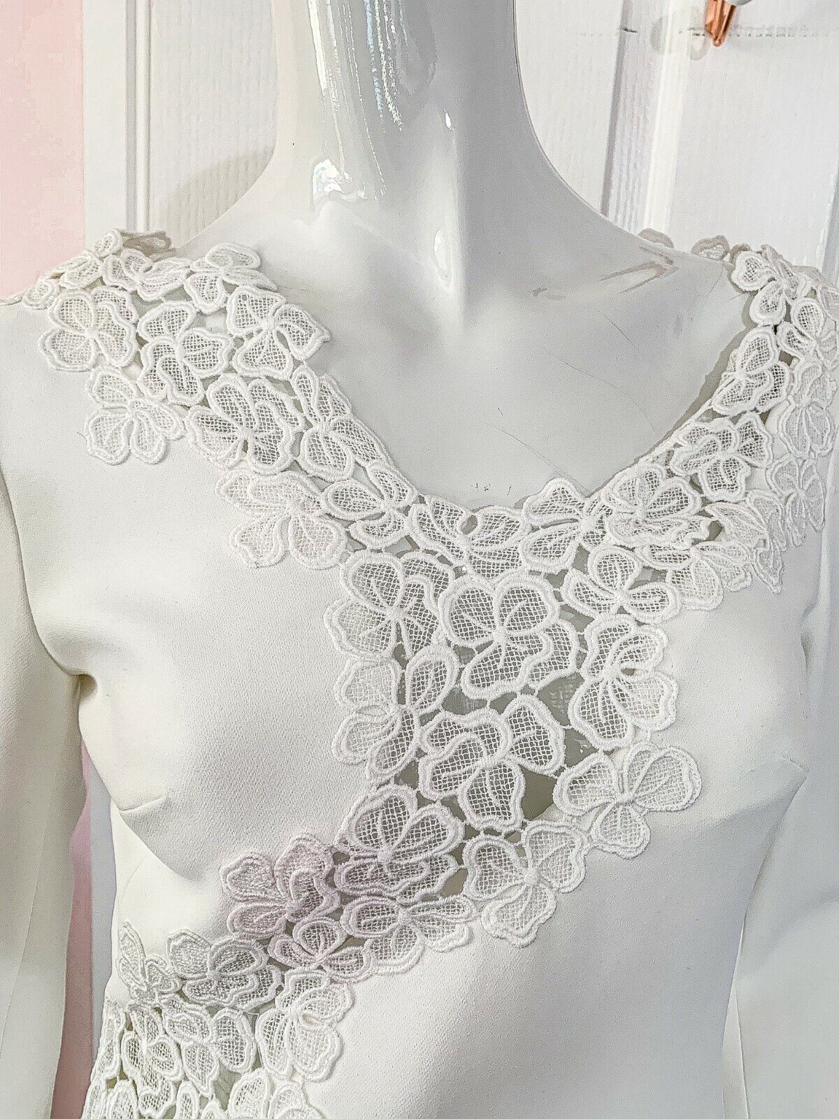 DAVID KOMA White Crepe Lace Macrame Trim Dress - House Of Huntington
