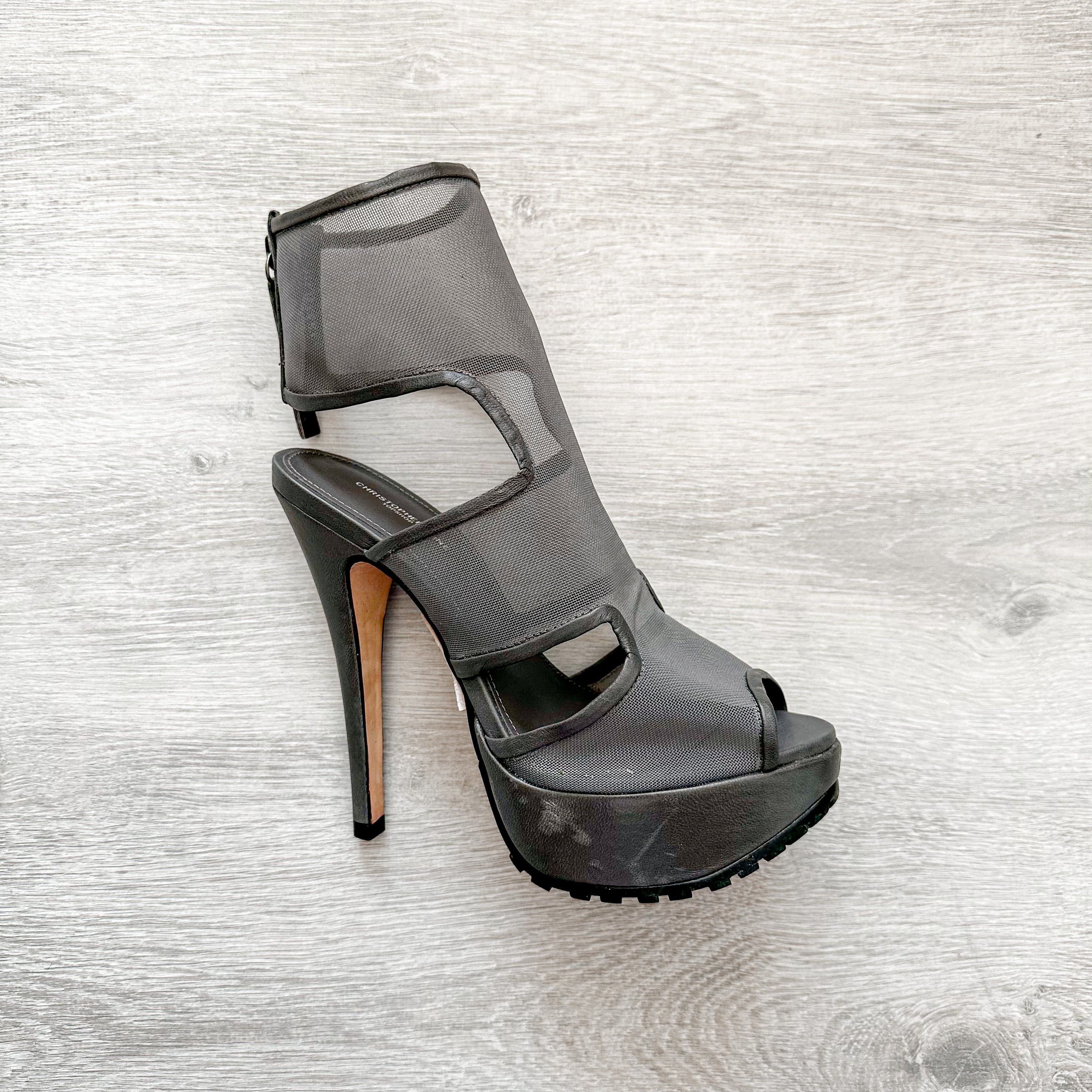 Christopher Kane Grey Mesh Detail Peep Toe Sandal Stilleto High Heel - House Of Huntington