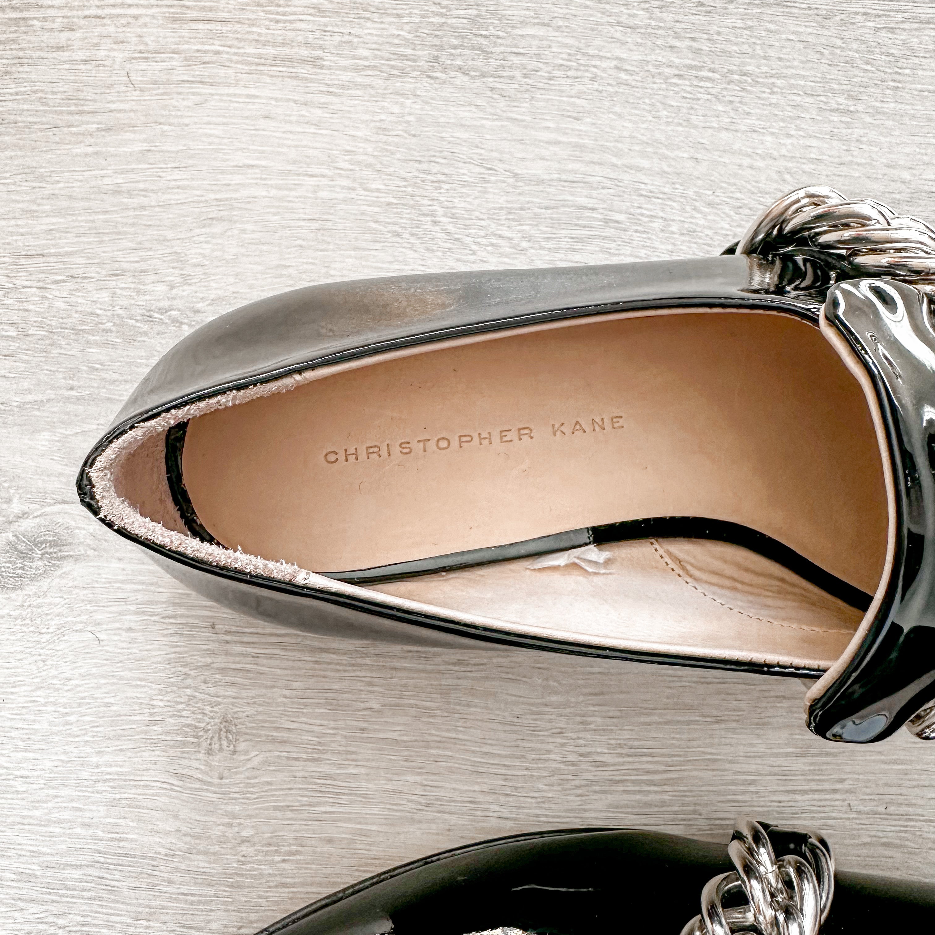 Christopher Kane Black Patent Leather Chain Strap Loafers Shoes - House Of Huntington