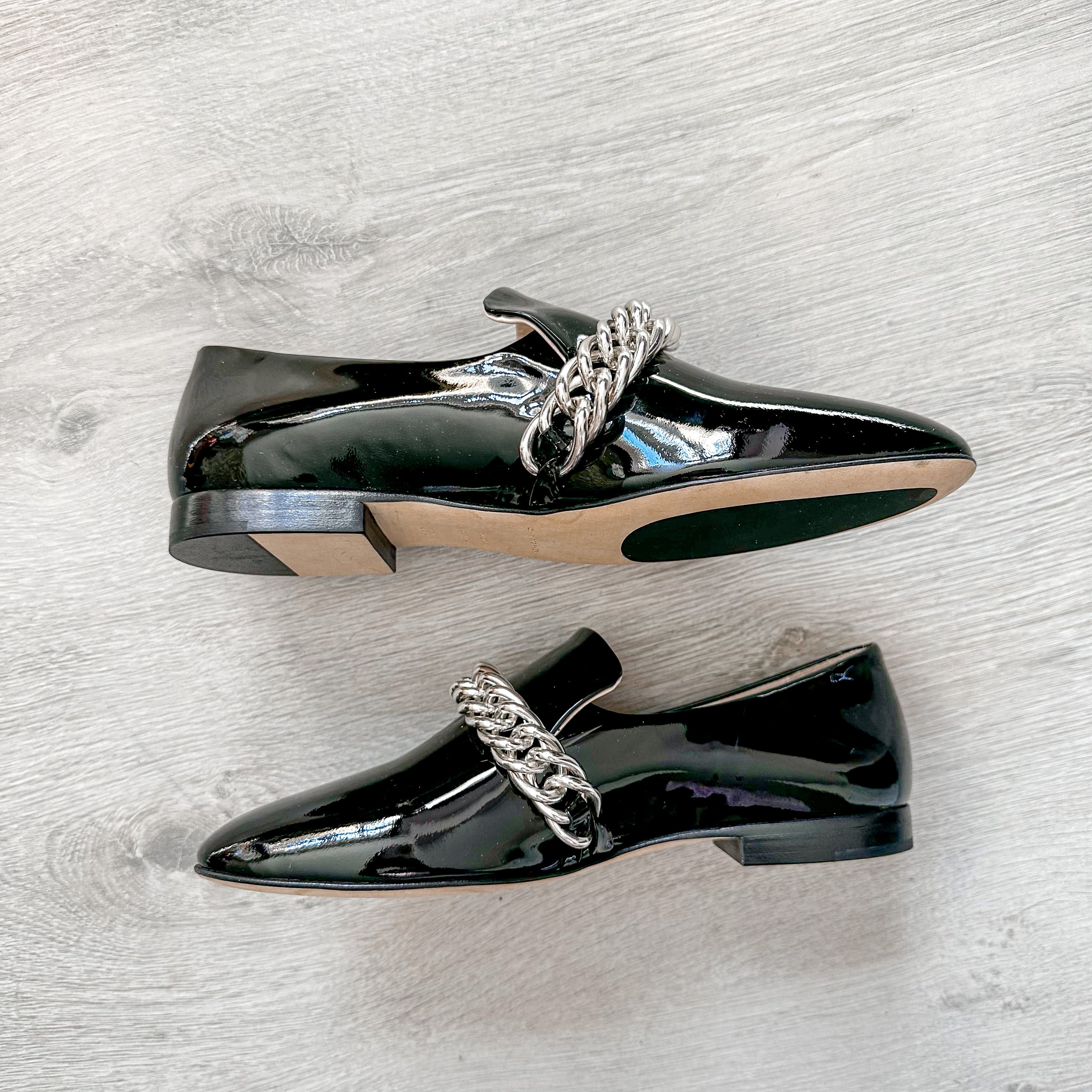 Christopher Kane Black Patent Leather Chain Strap Loafers Shoes - House Of Huntington