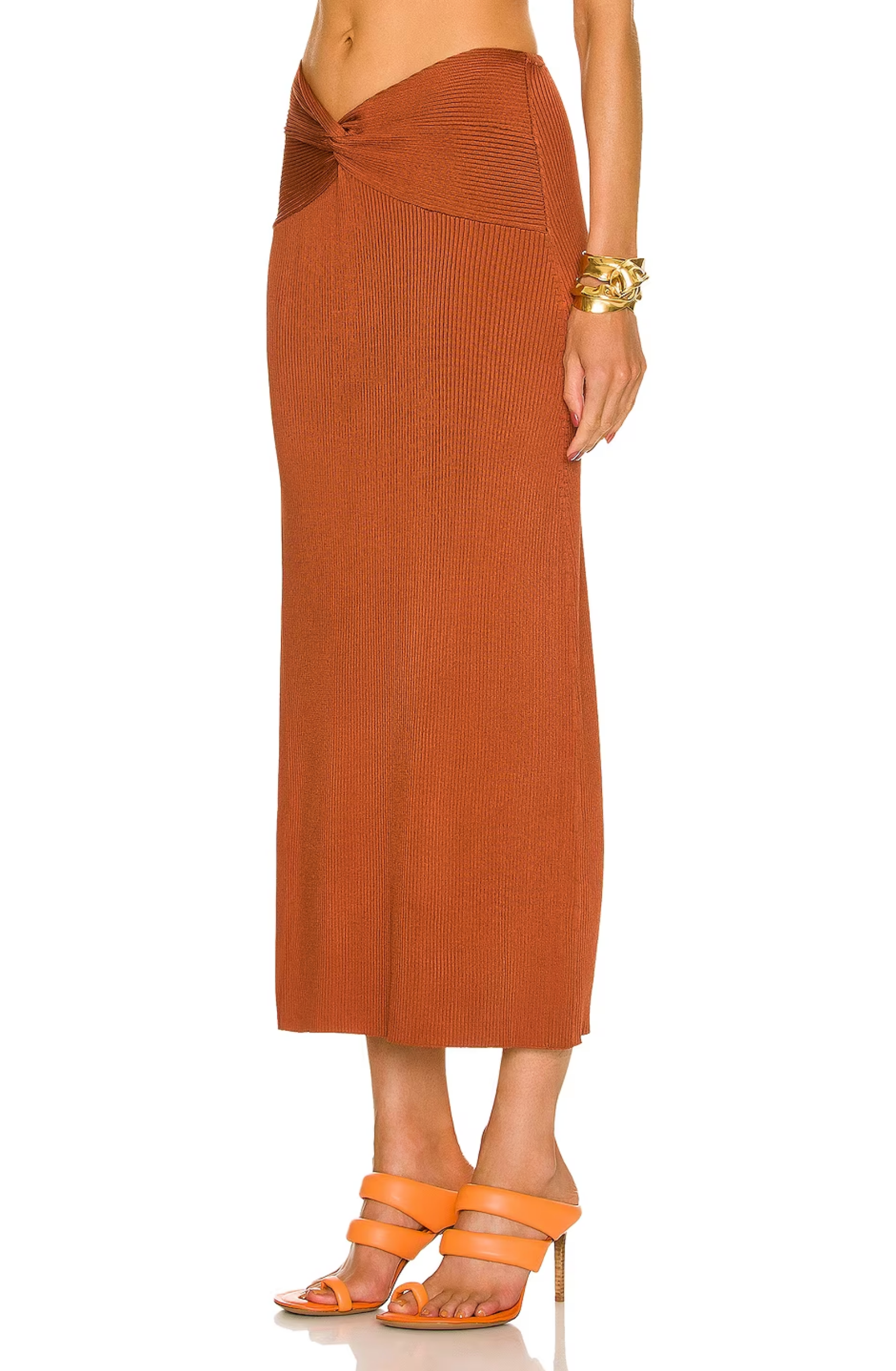 Cult Gaia Kana Ribbed Knit Twist Detail Slit Skirt in Amber - House Of Huntington
