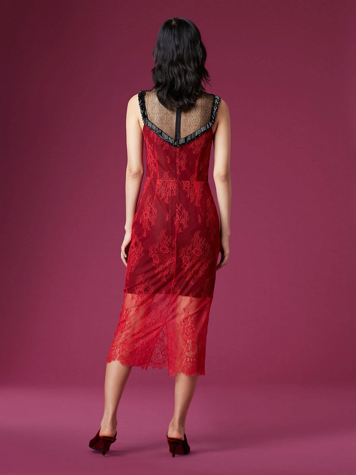 Diane Von Furstenberg DVF Red Floral Beaded Lace Dress - House Of Huntington