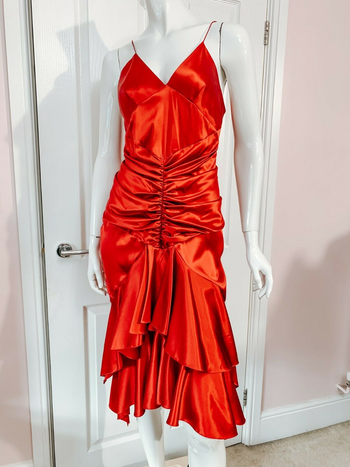 Alexandre Vauthier Ruby Red Ruched Strappy Silk Satin Dress - House Of Huntington