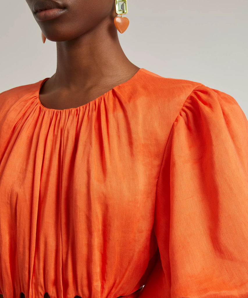AJE Dress Orange Summer Puff Sleeve Tie-Back Cosette Midi