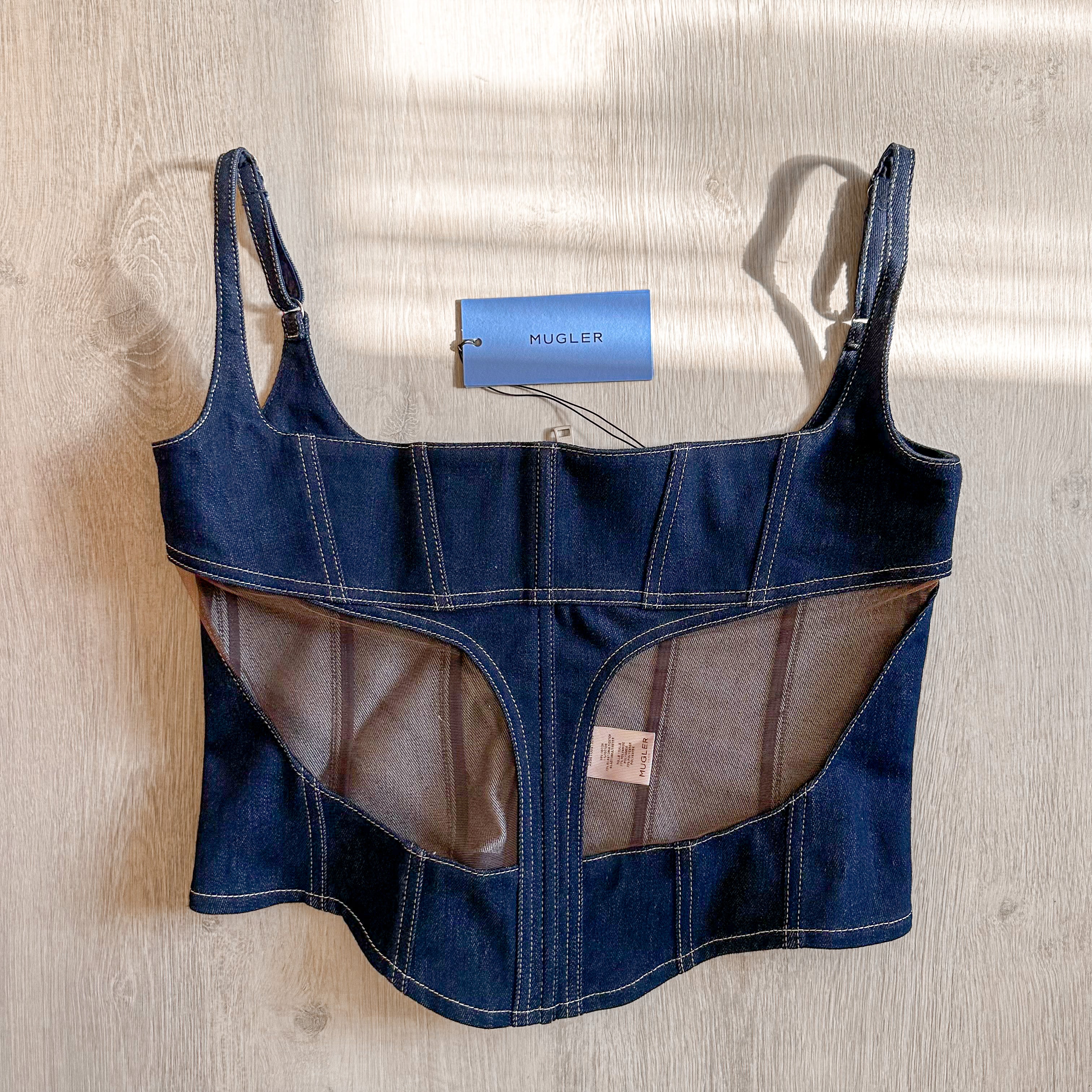 MUGLER Denim Cut-Out Detail Square Neck Corset Top