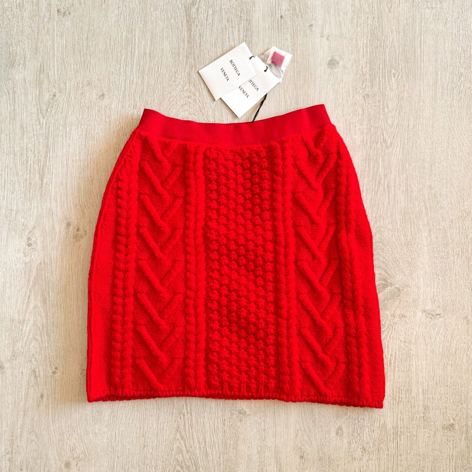 Bottega Veneta Red Cable Knit Shetland Wool Tweed Mini Skirt