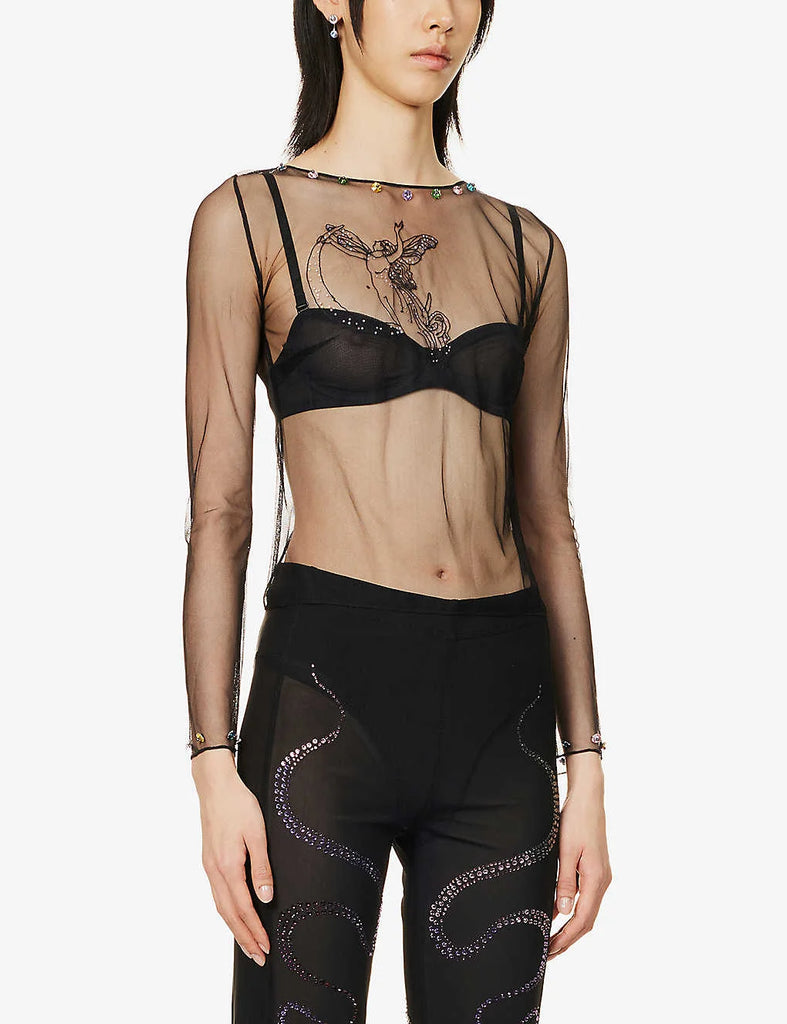 CLIO PEPPIATT Moon Bead-Embellished Black Tulle Mesh Top - House Of Huntington