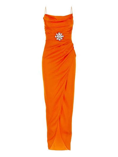 ALESSANDRA RICH Orange Silk Satin Charmeuse Ruched Slit Leg Spaghetti Strap Evening Dress - House Of Huntington