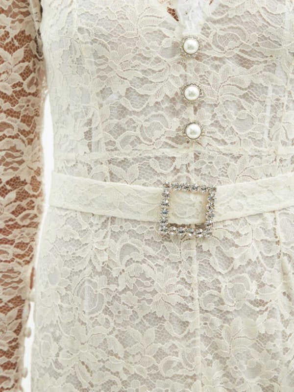 Alessandra Rich White High Neck Sweetheart Floral Lace Crystal Pearl Button Belted Wedding Dress Gown - House Of Huntington