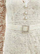 Alessandra Rich White High Neck Sweetheart Floral Lace Crystal Pearl Button Belted Wedding Dress Gown - House Of Huntington