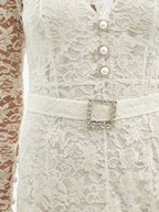 Alessandra Rich White High Neck Sweetheart Floral Lace Crystal Pearl Button Belted Wedding Dress Gown - House Of Huntington