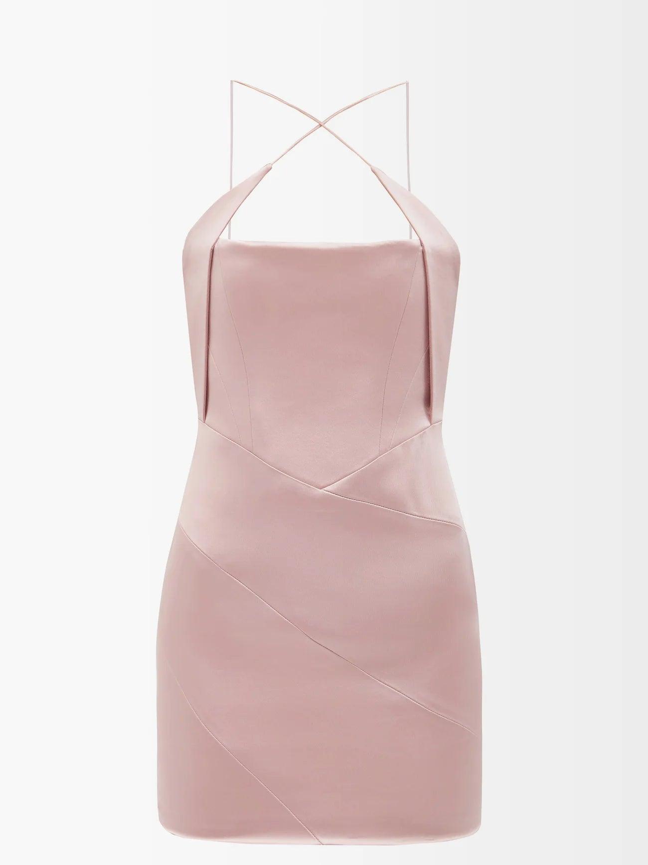 16ARLINGTON Pink Corseted Crossover Strap Satin Mini Dress - House Of Huntington