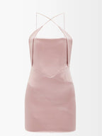 16ARLINGTON Pink Corseted Crossover Strap Satin Mini Dress - House Of Huntington