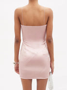 16ARLINGTON Pink Corseted Crossover Strap Satin Mini Dress - House Of Huntington
