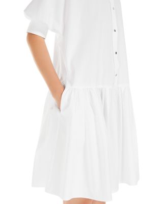 Max Mara White Caronte Cotton Poplin Pleat Hem Shirt Dress