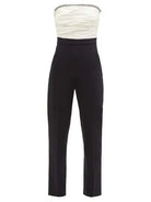 DAVID KOMA Crystal Embellished Ruched Front Strapless White Black Monochrome Jumpsuit - House Of Huntington