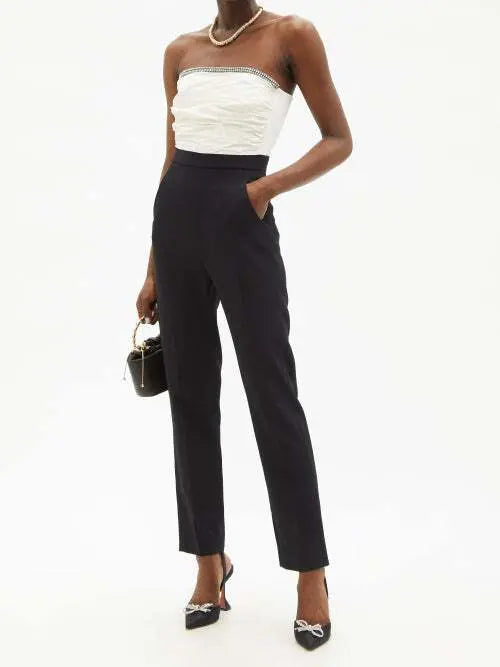 DAVID KOMA Crystal Embellished Ruched Front Strapless White Black Monochrome Jumpsuit - House Of Huntington