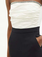 DAVID KOMA Crystal Embellished Ruched Front Strapless White Black Monochrome Jumpsuit - House Of Huntington