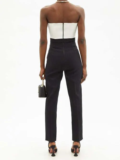 DAVID KOMA Crystal Embellished Ruched Front Strapless White Black Monochrome Jumpsuit - House Of Huntington