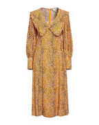 Ganni Leopard Print Ruffle Collar Detail Crepe Midi Dress
