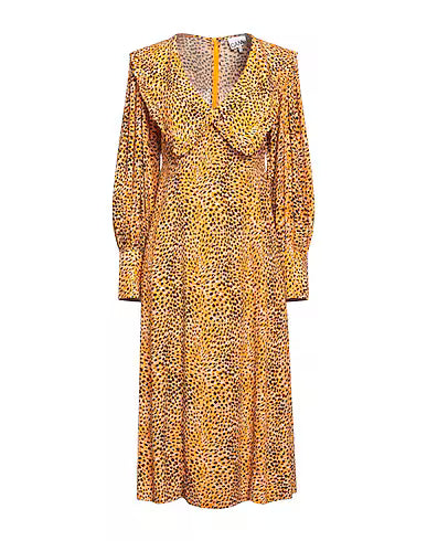 Ganni Leopard Print Ruffle Collar Detail Crepe Midi Dress