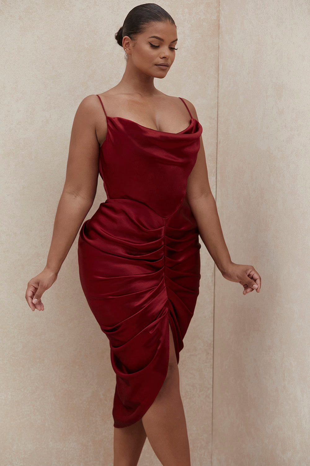 Nera Wine Red Corseted Satin Midi Dress