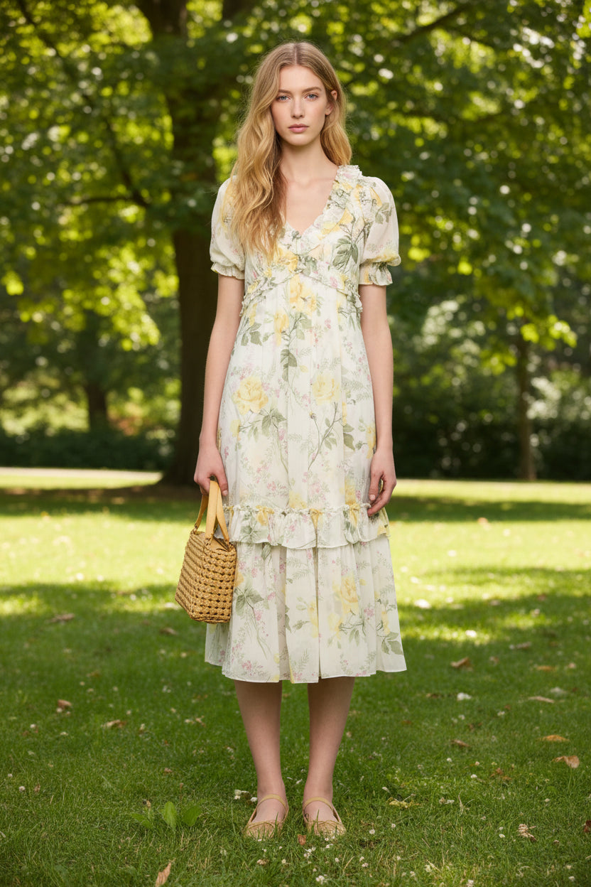 Robe midi Needle & Thread en mousseline avec imprimé floral rose et coupe ballerine