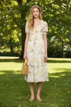 Robe midi Needle & Thread en mousseline avec imprimé floral rose et coupe ballerine