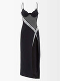 DAVID KOMA Crystal Embellished Net Insert High Slit Black Midi Dress - House Of Huntington